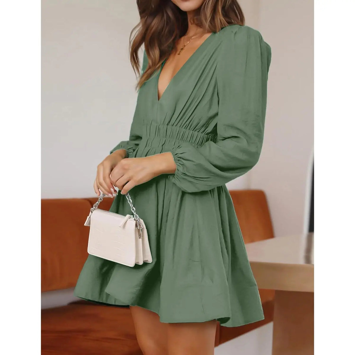 2025 Mini A-Line High Waisted Casual Flowy Dress for Women Deep V Sexy Long Sleeve Dress Office Lady Style Short Dress