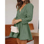 2025 Mini A-Line High Waisted Casual Flowy Dress for Women Deep V Sexy Long Sleeve Dress Office Lady Style Short Dress