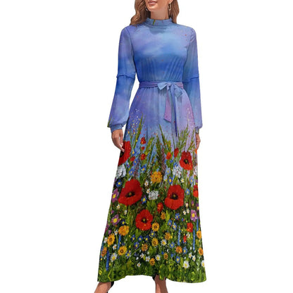 Print on Demand Wholesale Long Sleeve Women's Casual Dress Streetwear Floral Printed Elegant Maxi Dress for Woman