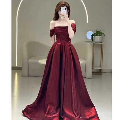 Summer New Red Satin High Quality Silky One Shoulder Sexy Simple Waist Elegant Wedding Dress