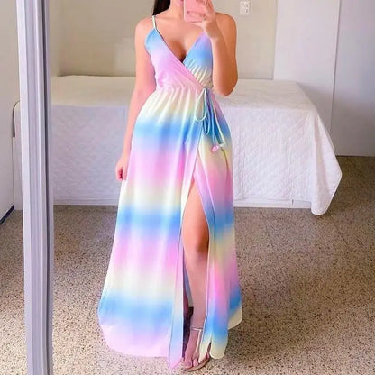 S-XXL Spring Summer Colorful Gradient Dress Temperament Commuter Strap Dress Solid Blue Chiffon Dress TIE DYED