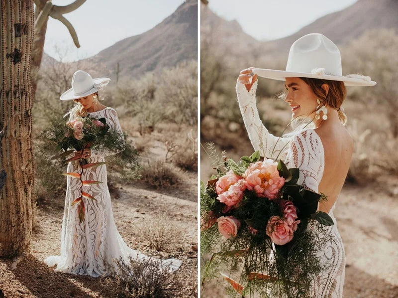 #4053 New Elegant Lace Bateau Long Sleeves Boho Wedding Dress Backless Plus Size Rustic Bridal Photoshoot Gown