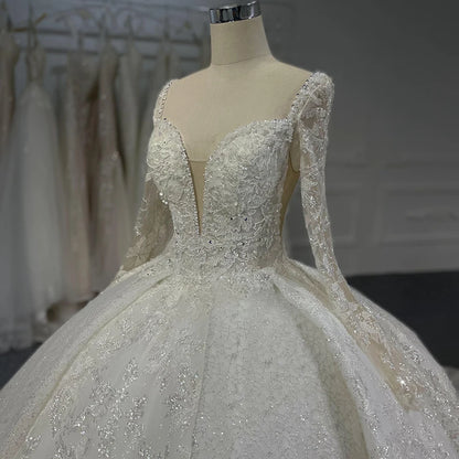 Jancember LSB062 Exquisite V-neck Long Sleeves Lace up Ball Wedding Dress 2023