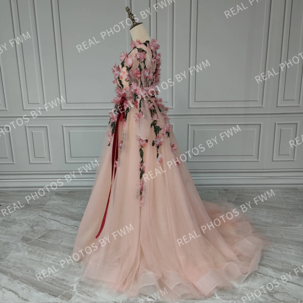 14252# Real Photos Romantic Long Sleeves V Neck 3D Flowers Tulle A-line Prom Evening Dress Wedding Party Gown for Women