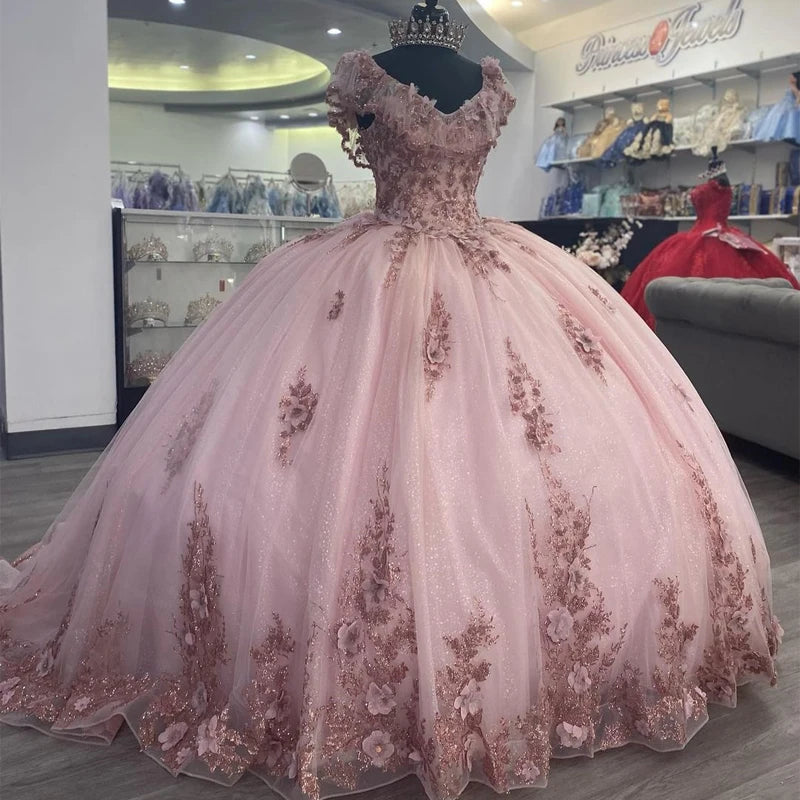 QD1604 Pink V-Neck Quinceanera Dress Glittering 3D Flower for 15 Party Formal Dress Ball Gown 16 Birthday Princess Gown