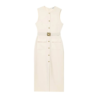 Women's new fashion split midi dress retro O-neck sleeveless women's fashion dress Vestidos Mujer