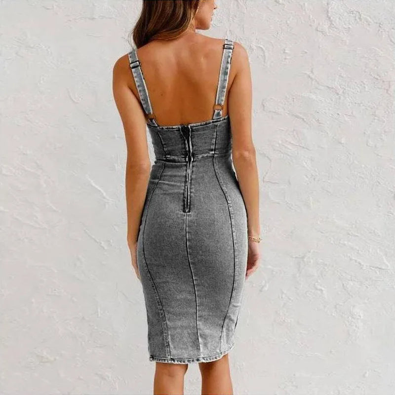 High Waist Skinny Fitted Sleeveless Denim Midi Dress Women Stretchy Patchwork Zipper Casual Bodycon Jean Dresses