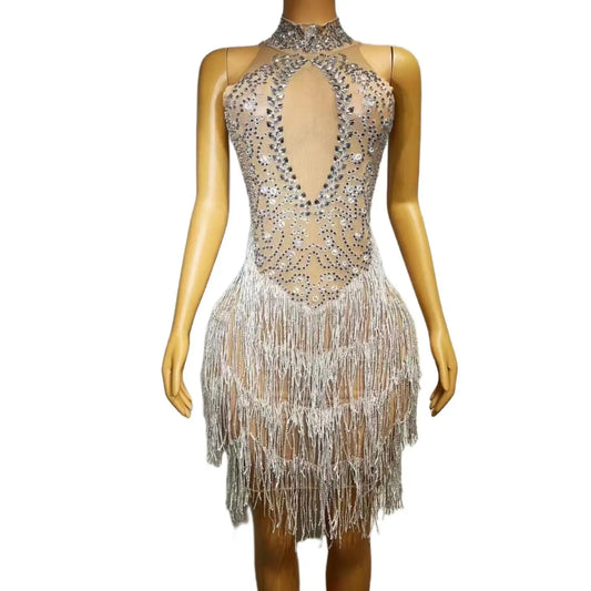 Elegant Rhinestone Tassel Short Birthday Prom Dress Lady Dancer Costume Formal Party Evening Dresses Women Night Club Dress