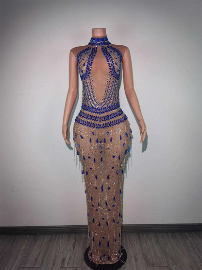 Luxury Fringes Crystal Prom Gown Ladies Sequin Birthday Cocktail Long Dress Women Sexy Diamonds Formal Dinner Evening Dress