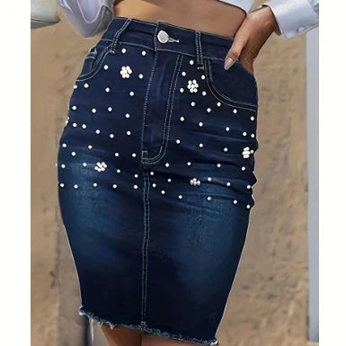 European and American Style Vintage Beaded Stretch Waist Denim Mid-length Skirt