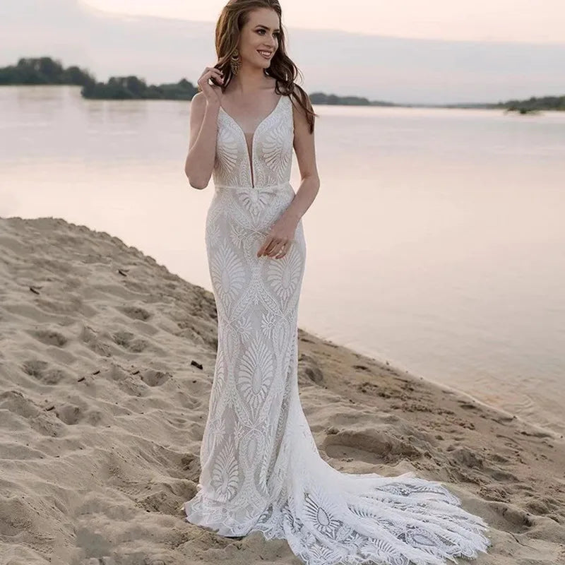 13508# Chic Spaghetti Straps V-Neck Sleeveless Backless Mermaid Lace Simple Bohemian Beach Wedding Dress Bridal Gown