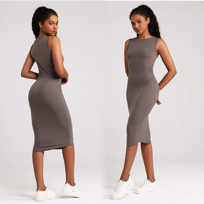 Roregal New Yoga Dress Women's High Waist Slim Pleated Dress Round Neck Sports Quick-drying Sports One-piece Dress