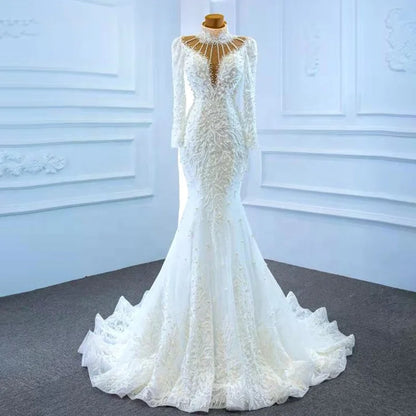 Jancember RSM67219 Luxury White Long Sleeve Mermaid Wedding Dress Bridal Gowns
