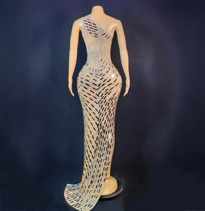 Elegant One Shoulder Rhinestone Sequins Ball Gown Ladies Dinner Banquet Party Long Dress Women Sexy High Slit Prom Evening Dress