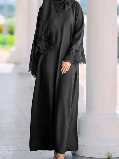 2025 Spring New Middle Eastern Women Clothing Muslim Women Robe With Lace Sleeves Malay Indonesian Dress With Headscarf Hijab