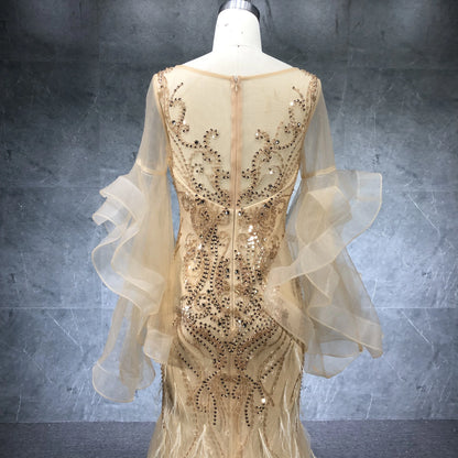 2020 New Arrival Beading Mermaid Ruffle Sleeve Evening Dresses Party Dress for Women Dress