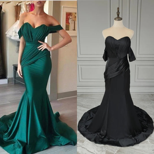 15521# Real Photos Simple Off Shoulder Pleat Mermaid Wedding Party Gown Evening Prom Dress for Women With Sweep Train