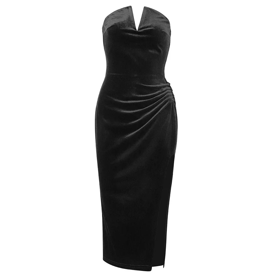 R30409S 2022 Spring and Summer New Ladies Velvet Tube Top V-neck Irregular Slit Mid-length Dress High-end Clothing Black Dress