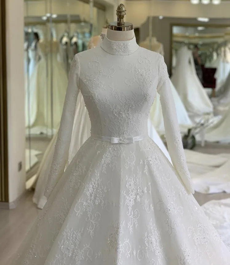 FA177 Customized High Neck Long Sleeves A-Line Zipper Back Tulle Lace Applique Pearl Beaded Wedding Dresses With Bow Vestido