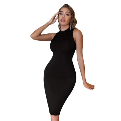 European American Summer Stand Collar Halter Neck Long Knit Mid-Waist Women's Knitted Dress