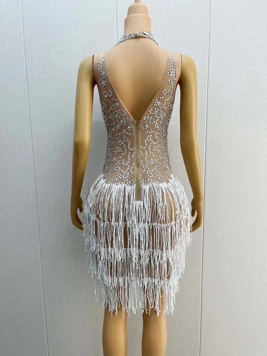 Elegant Rhinestone Tassel Short Birthday Prom Dress Lady Dancer Costume Formal Party Evening Dresses Women Night Club Dress