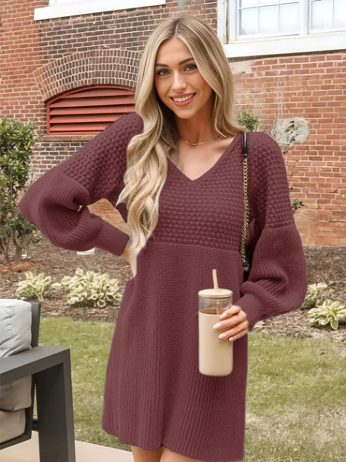 Hot Sale European American Style Autumn Winter Casual Dating V-neck Puff Sleeve Solid Color Sweater Dress