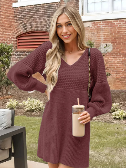 Hot Sale European American Style Autumn Winter Casual Dating V-neck Puff Sleeve Solid Color Sweater Dress