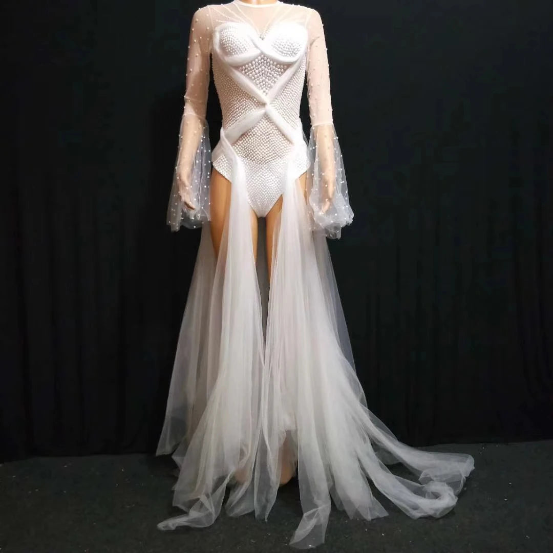Designer See Through White Pearls Birthday Wedding Party Dress Jazz Singer Dancer Stage Costume Women Sexy Trailing Prom Dresses