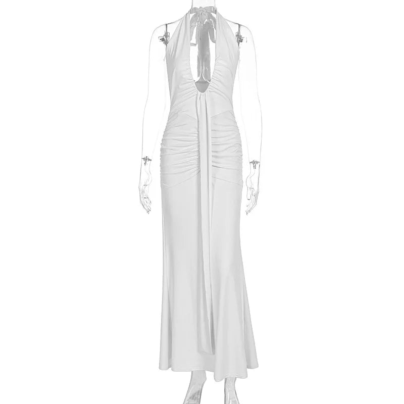 2026 Fashion Summer Women Halter Deep V-Neck Backless Solid Casual Maxi 100% Polyester Crystal Vacation Dresses