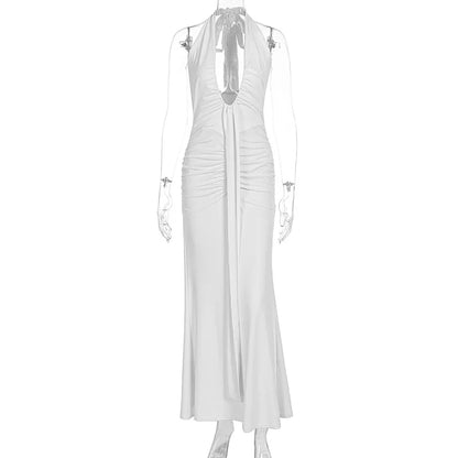 2026 Fashion Summer Women Halter Deep V-Neck Backless Solid Casual Maxi 100% Polyester Crystal Vacation Dresses