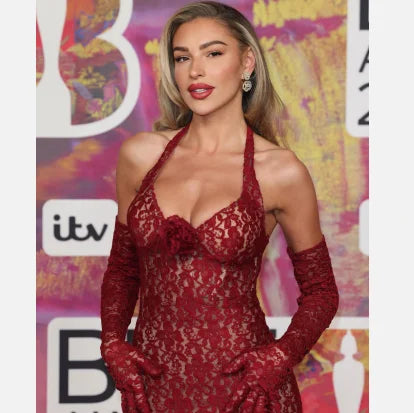 2024 New Floral Embroidery V-neck Halter Dress Slim Mesh Red Long Women Dress Evening Gown