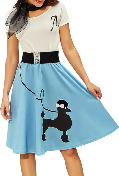 Women's Retro Poodle Print Skater Dress Vintage High Waist Rockabilly Swing Dress Chiffon for Summer Cocktail Front