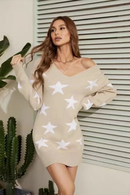 2026 New Women Girls Sweater Dress Spring and Autumn Star Pattern Collar Shoulder  Knitted Dress