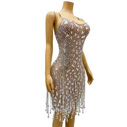 Sexy Rhinestone Sequins Fringes Party Celebration Bodycon Dress Ladies Dancer Wear Women Tassel Club Dress Evening Prom Dress