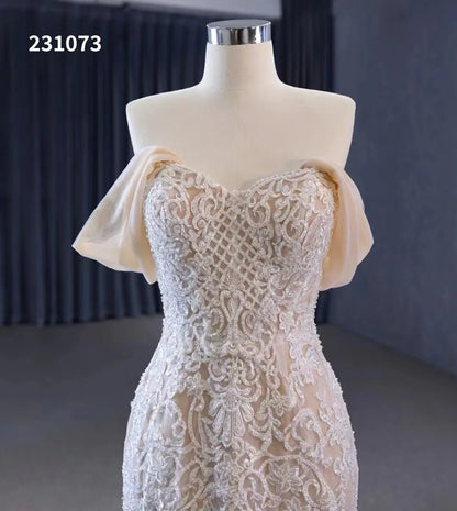Feishiluo Modern Luxurious Mermaid Wedding Dress All Bead Removable Off-Shoulder with Lace Decoration Appliques and Embroidery