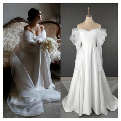 4531# Real Photos Custom Elegant Off Shoulder for Beach Wedding Lace Sweep Train Satin A-line Wedding Dress Bridal Gown