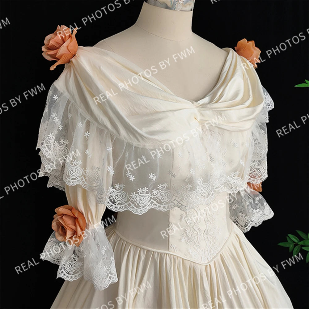 Real Photos High Quality 1920s Vintage 3D Flower Taffeta Wedding Dress Elegant Women Lace Ball Gown Bride Dress for Wedding 2373