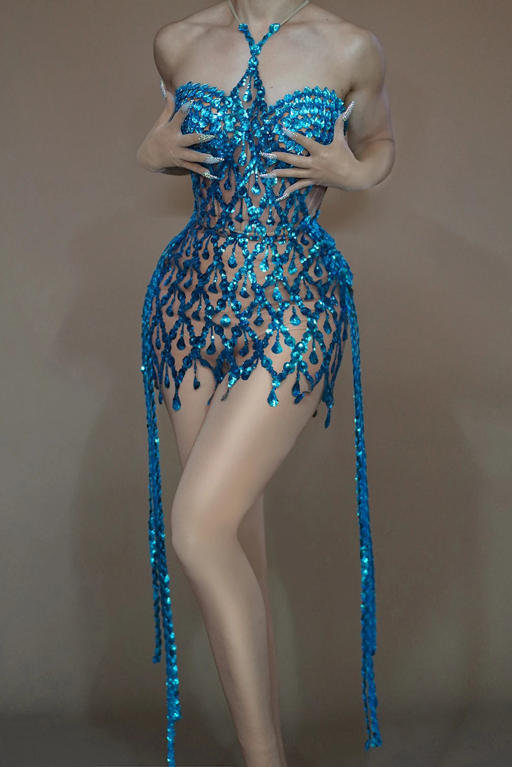 Vestido Sexy Sequin Rhinestone Birthday Party Mini Dress Tassel Cocktail Night Club Sheath Dress Women Singer Festival Outfit