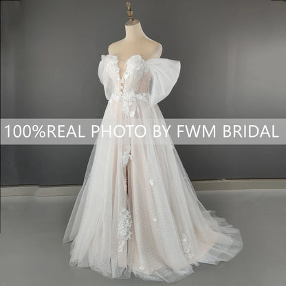 4562# Real Photos 3D Flowers Off Shoulder V-neck A-line Wedding Dress Sweep Train Bridal Gown High Slit Low Back Polka Dots Lace