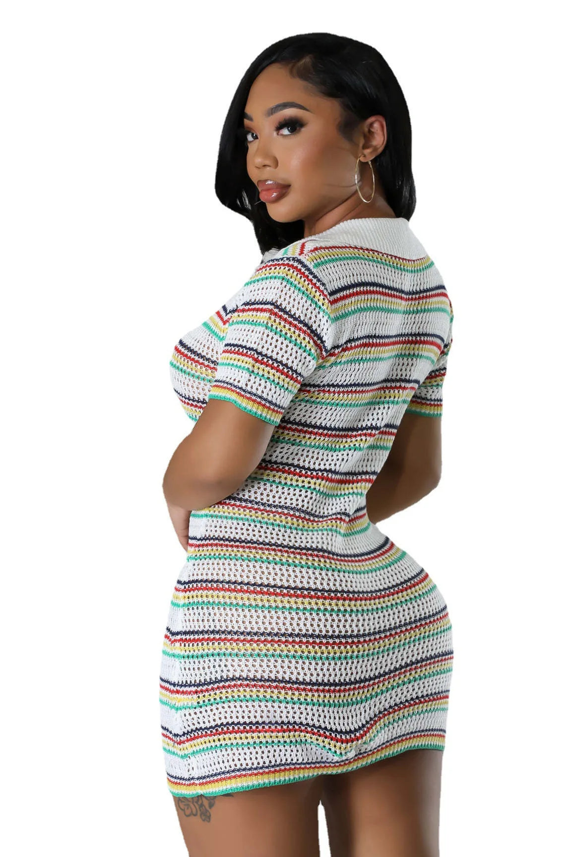AJ4450 Winter A-Line Casual Women's Woolen Neck Knitted Slim-fit Short Sleeve Striped Button Polo Neck Dress