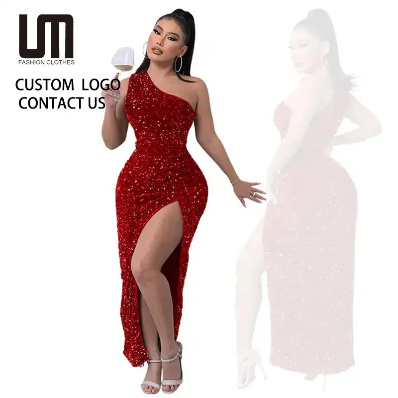 Liu Ming High End Sexy One Shoulder Backless Club Party High Split Sleeveless Elegant Sequin Long Bodycon Dress for Women