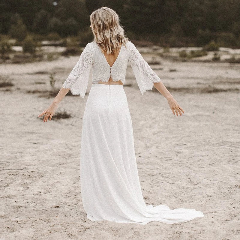 13479#Elegant V Neck Beach Bohemian Vestido De Novia Half Sleeves Outdoor Two Piece Chiffon Boho Lace Wedding Dress Bride Gown