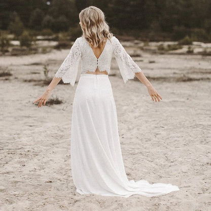 13479#Elegant V Neck Beach Bohemian Vestido De Novia Half Sleeves Outdoor Two Piece Chiffon Boho Lace Wedding Dress Bride Gown