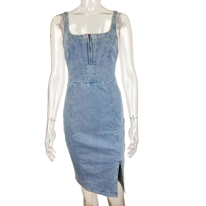 High Waist Skinny Fitted Sleeveless Denim Midi Dress Women Stretchy Patchwork Zipper Casual Bodycon Jean Dresses