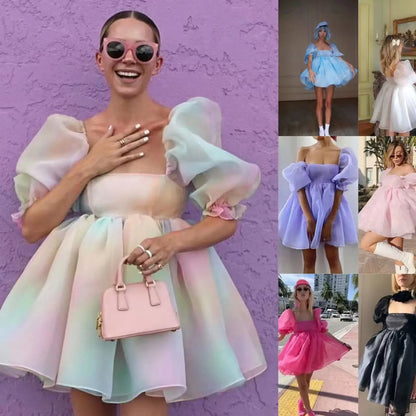 Short Puff Sleeve Cute Style Women Girls Dress Square Neck Low Cut High Waist Tulle Tutu Ball Gown Mini Dresses