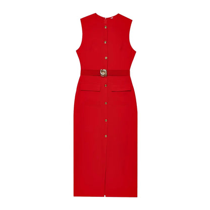 Women's new fashion split midi dress retro O-neck sleeveless women's fashion dress Vestidos Mujer