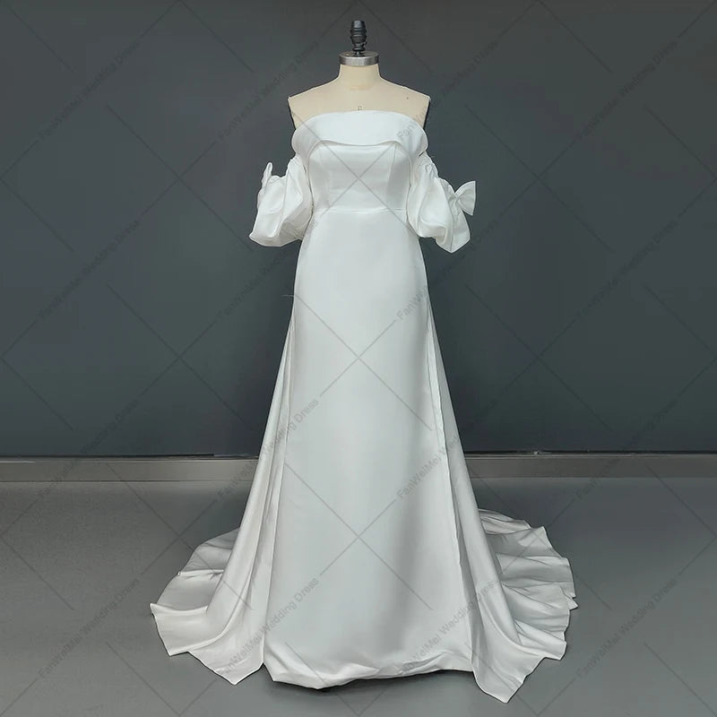 Real Photos Simple Bow Corset Back Strapless Wedding Dress Short Sleeve Satin A-Line Bridal Gown for Wedding Dress Bridal Gown