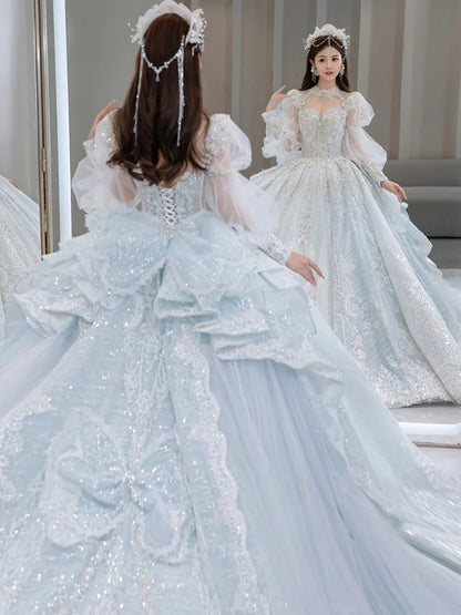 S0418T High-End Bohemian Wedding Dress One-Shoulder Beaded Diamond Tulle Elegant Dreamy Simple Spring Bridal Gown High Collar