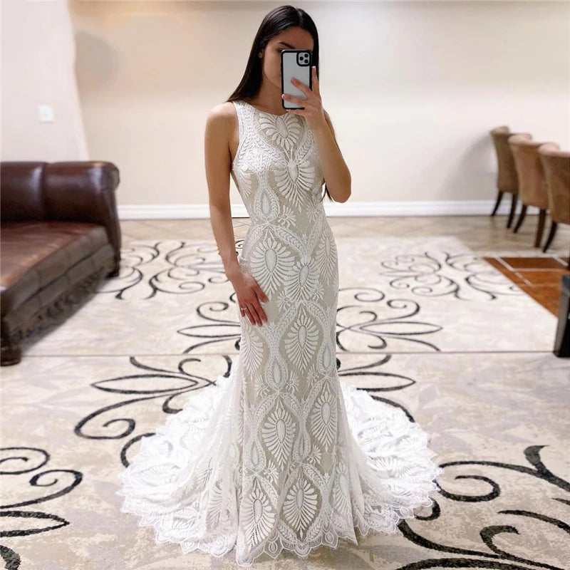 8406# Real Photos Elegant Sleeveless O-neck Sheath Wedding Dress Backless Sweep Train Bridal Gown for Women Custom Made Boho