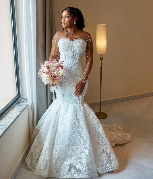 African Aso Ebi 2026 Off White Mermaid Wedding Dress Sheer Full Sleeves Beaded Pearls Vintage Elegant Bridal Gowns Dresses MW639